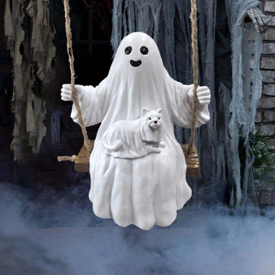 Halloween Swing Ghost Statue Resin Ghost Dog Witch On A Swing Figurine Outdoor Tree Hanging Ornament for Garden Patio Lawn Yard Decor