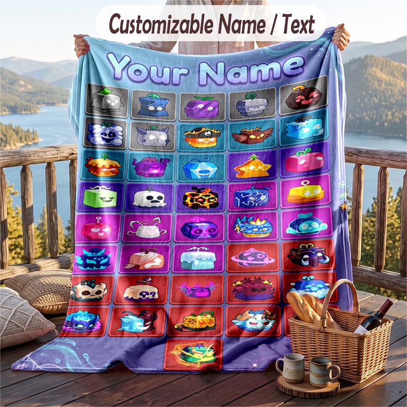 Blox Fruits Flannel Blanket, Personalized Custom Name Text, Soft Warm Plush Throw Blanket For Gift