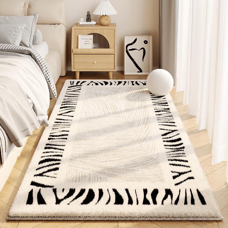 Luxurious Faux Cashmere Area Mat Non-Slip, Irregular Shape, Soft & Fluffy, Black & White Striped Design for Living Room or Bedroom Decor