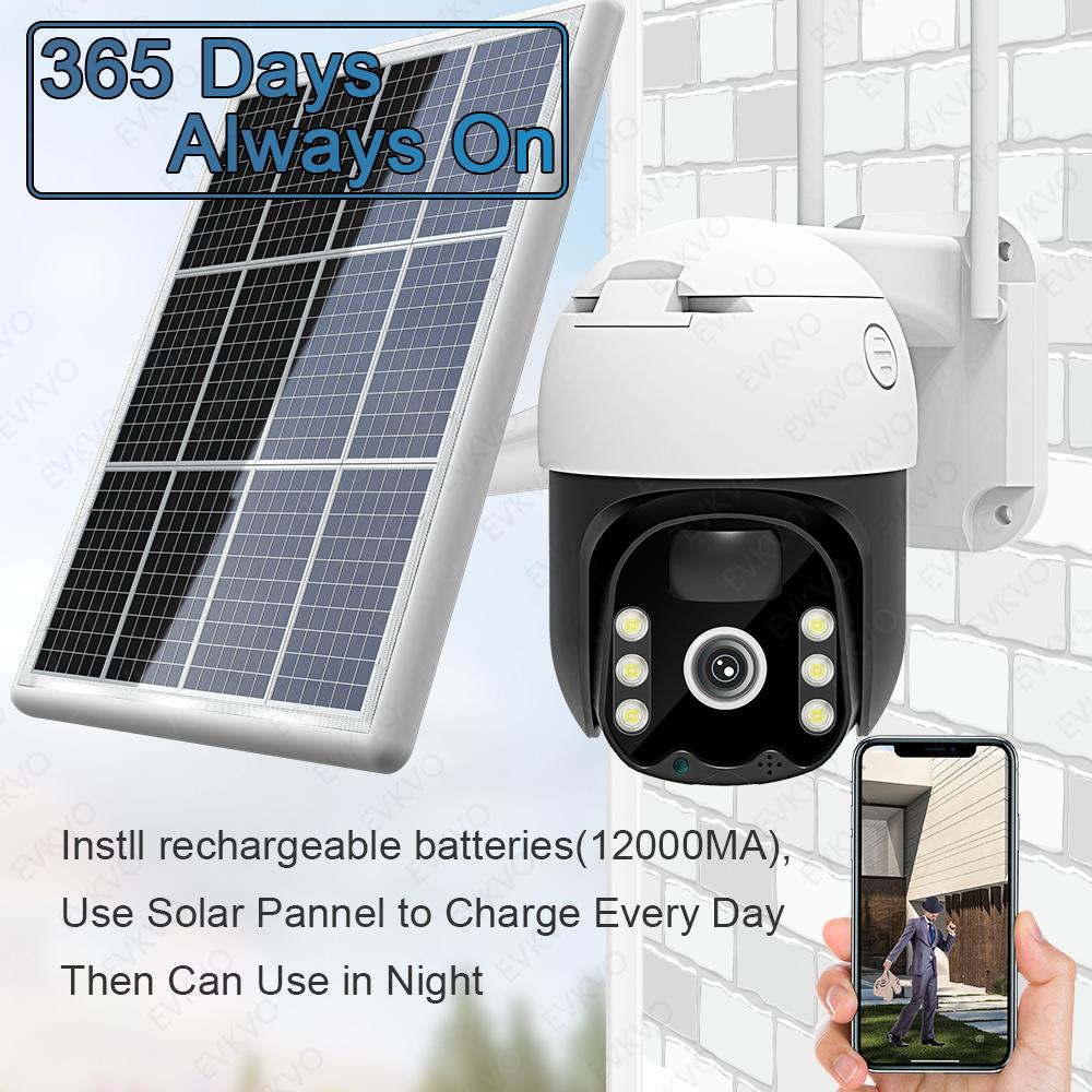 EVKVO 8x ZOOM Солнечная IP-камера Wi-Fi Уличная PTZ Камера с аккумулятором Тревога Обнаружение движения PIR 3м кабель