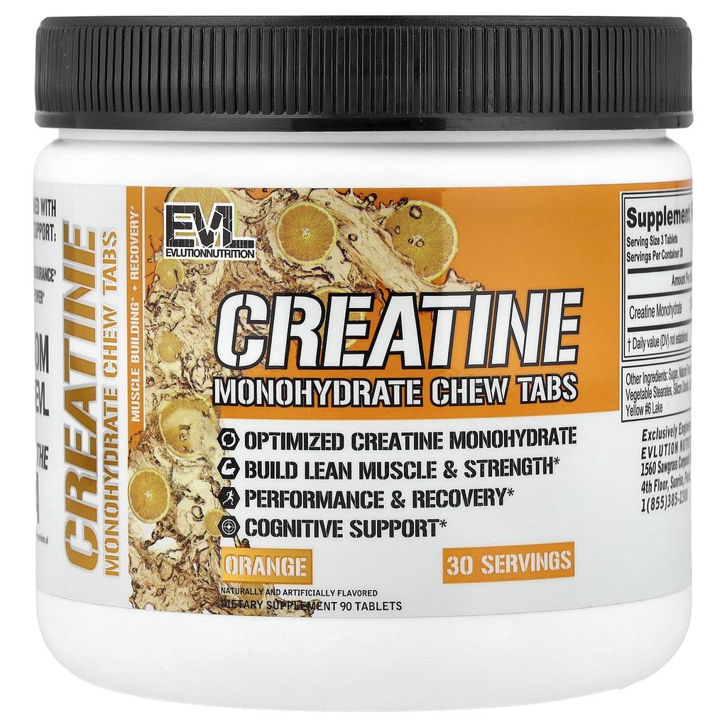 EVLution Nutrition Creatine Monohydrate Chewable Tablets, Orange, 90 Tablets