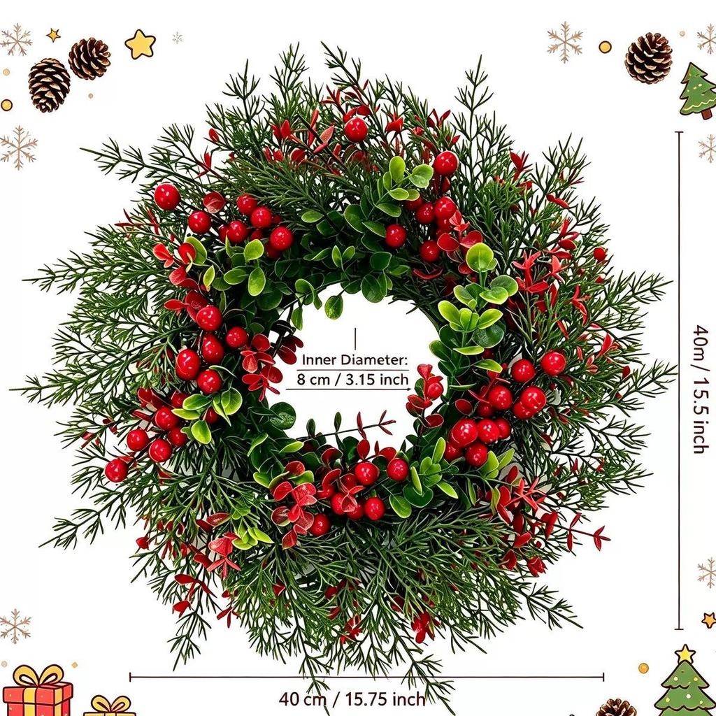 Christmas Wreath with Bow - Poinsettia, Red Berries & Artificial Pine Needles