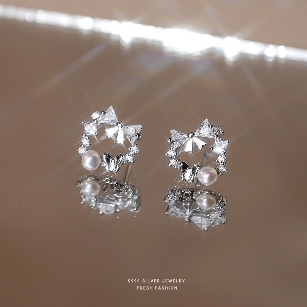 Women's Light Luxury Bow Flower Freshwater Pearl Earrings 925 Sterling Silver with Versatile Zircon Jewelry Accessory