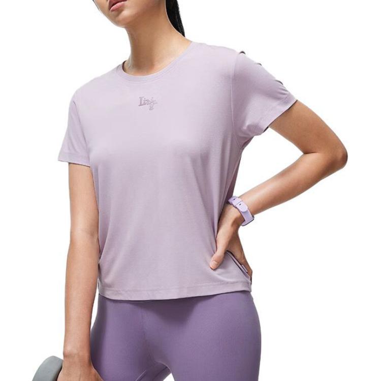 Li Ning Fitness Series Solid Color Sports Short Sleeve T-Shirt Women Tops Light-Blue ATST580-2