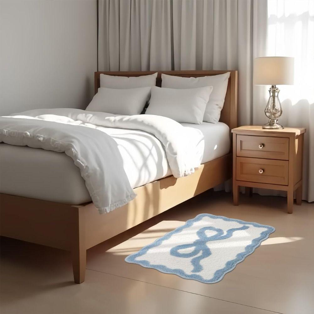 Pink Blue Preppy Scalloped Rug Bow Decor Girly Shower Rug for Bedroom Kitchen Bathroom Floor