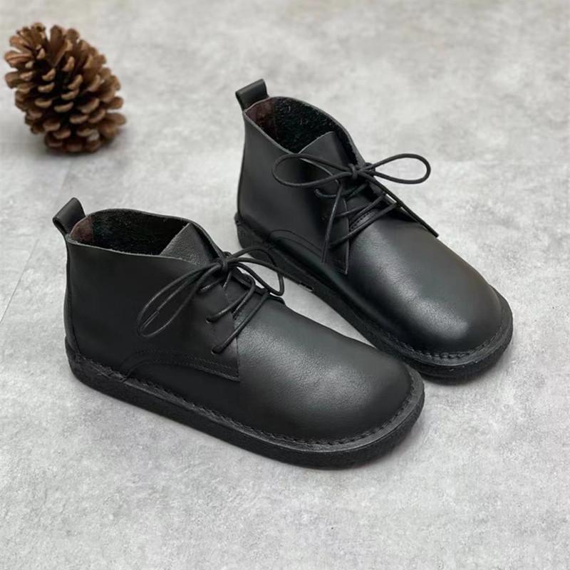 Ботинки из натуральной кожи ручной работы с круглым носком, плоские, женские туфли из коровьей кожи