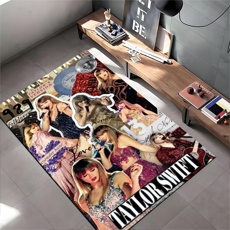 Pop Music Area Rug, Taylor Swift Eras Tour Collage 1989 Folklore Evermore Sequin Dress Print, Fan Decor, Non-Slip Mat