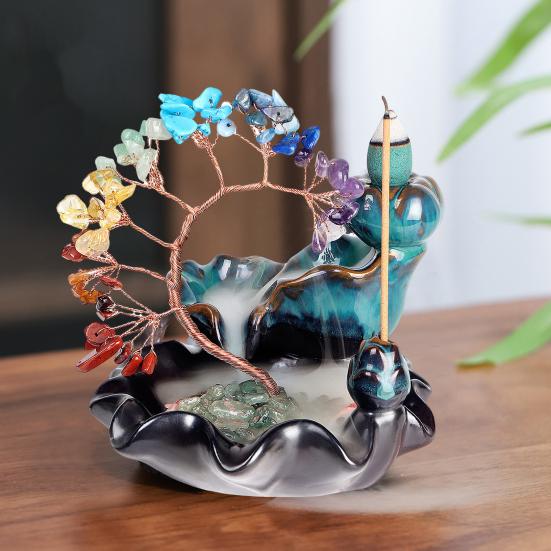 Waterfall Incense Burner Faux Crystal Stone Lucky Tree Resin Ornament Handicraft Incense Cone Holder for Room Home Zen Decoration Meditation