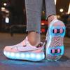 Kid's Lights Sports Shoes Rubbing Shoes Solid Magic Patch Can Charging Double-row Four-wheel Slide Shoes
