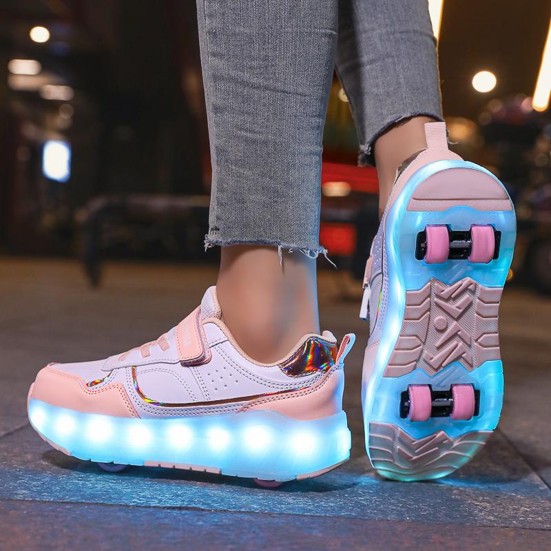 Kid's Lights Sports Shoes Rubbing Shoes Solid Magic Patch Can Charging Double-row Four-wheel Slide Shoes