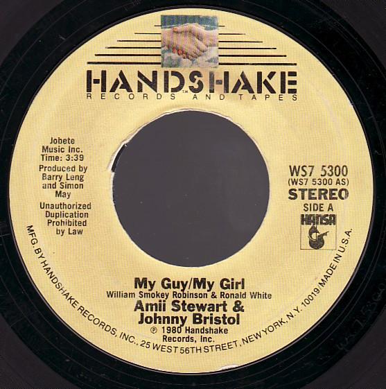 7inch Record AMII STEWART & JOHNNY BRISTOL - My Guy/My Girl WS75300 Handshake Recor 1980 US Rock Used
