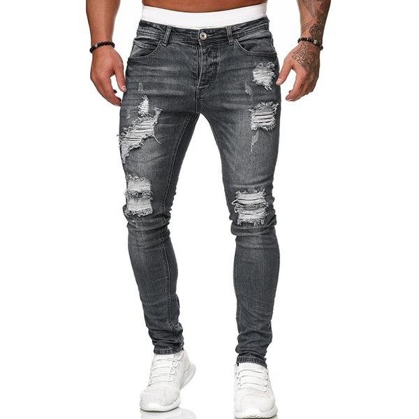 European And American Men'S Pants With Holes, Worn White, Slim Fit Denim Pants, Fashionable Small Leg Pants For Men