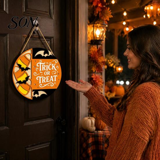 Retro Wall Plaque Halloween Trick or Treat Wooden Door Sign, Round Bat Silhouette Sign Hanging for Home Front & Party Decoration Personalized
