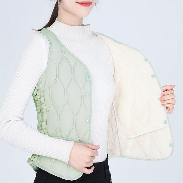 Fleece vest women's autumn and winter new short warm vest inside and outside versatile V-neck vest slim vest