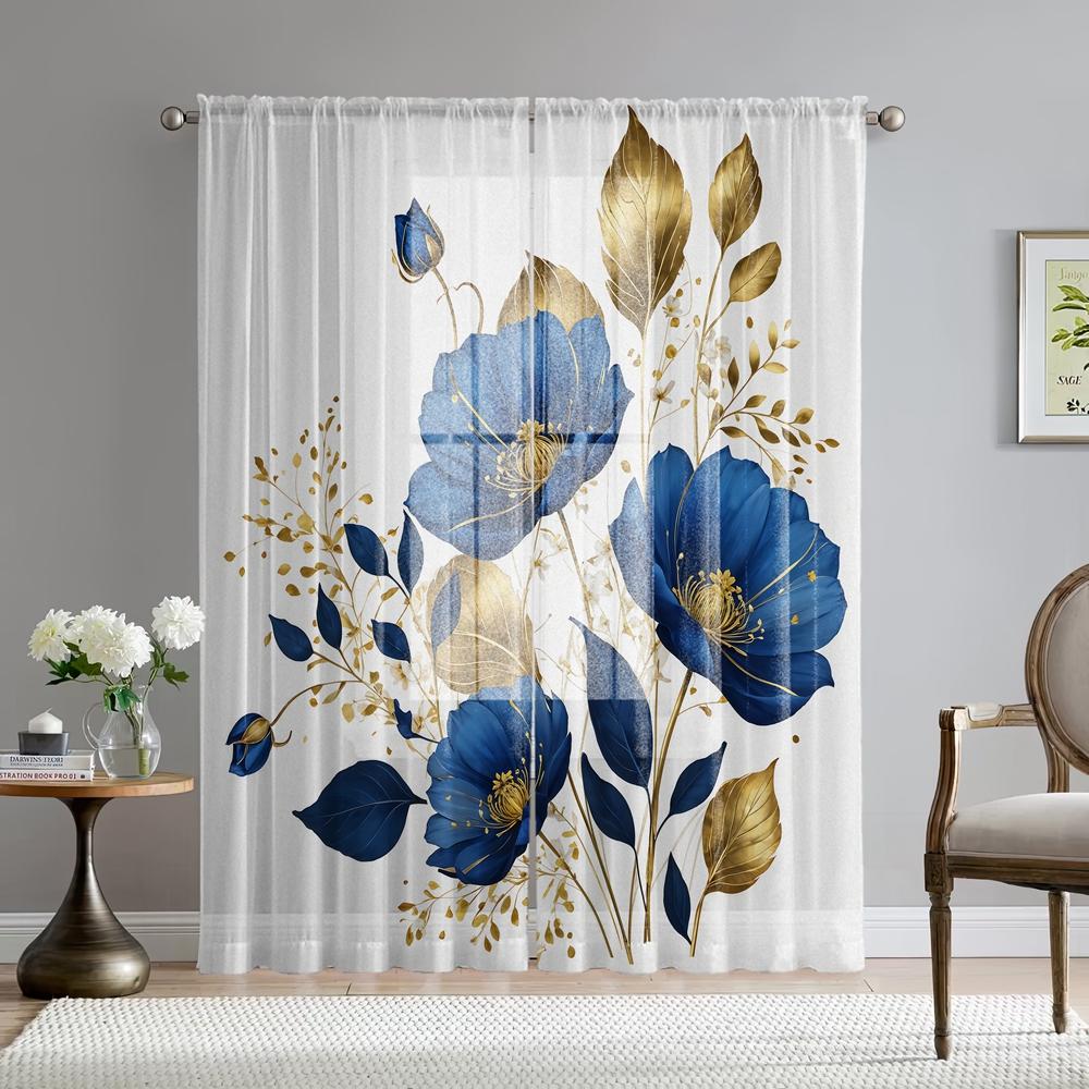 2 шт. HD цифровой синий розово-золотой листовой принт на окнах, декор для дома, стиль, украшение для гостиной, спальни, занавеска на штанге E