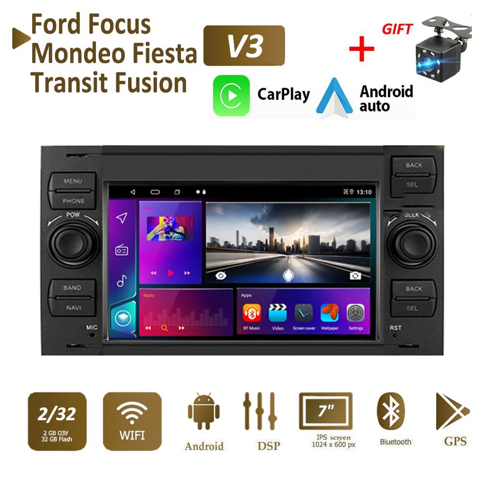 Android Автомобильный радиоприемник Мультимедийный проигрыватель Стерео 2 DIN Для Ford Focus 2007 Mondeo S-max C MAX Kuga Galaxy Fiesta Transit Fusion Carplay BT GPS Wi-Fi 2 + 32 ГБ