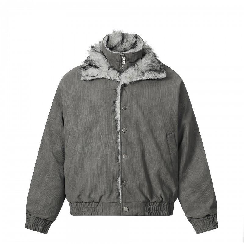 Mens Winter Cotton Puffer Jacket With Fur Collar Fleece Lining Vintage American Style Loose Fit Warm Coat
