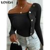 VONDA Женская осенняя мода V-образный вырез длинный рукав трикотажные полосатые теплые блузки