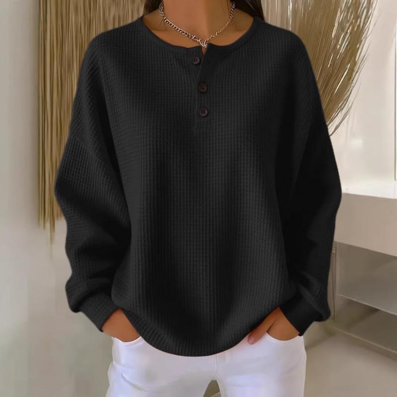 Waffle Knit Crewneck Sweatshirt Women Loose Fit Solid Color Long Sleeve Fall Winter Casual Top