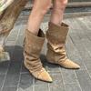 Super Soft Lambskin~ Inner Height Increase 5cm Boots Pleated Knight Boots Women's Folding Two Wear Western Cowboy Boots Women's Boots