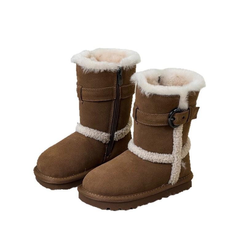Kids Winter Warm Faux Suede Snow Boots With Buckle Strap Mid-Calf Unisex Childrens Cold Weather Footwear