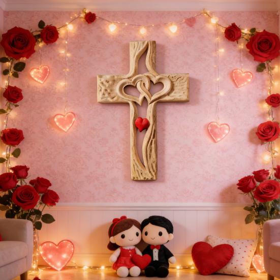 Intertwined Hearts Wall Sculpture Ornament Double Hearts Wall Hanging Religious Decoration Rustic Wooden Hand-Carved Hollow Hearts Wall Decor