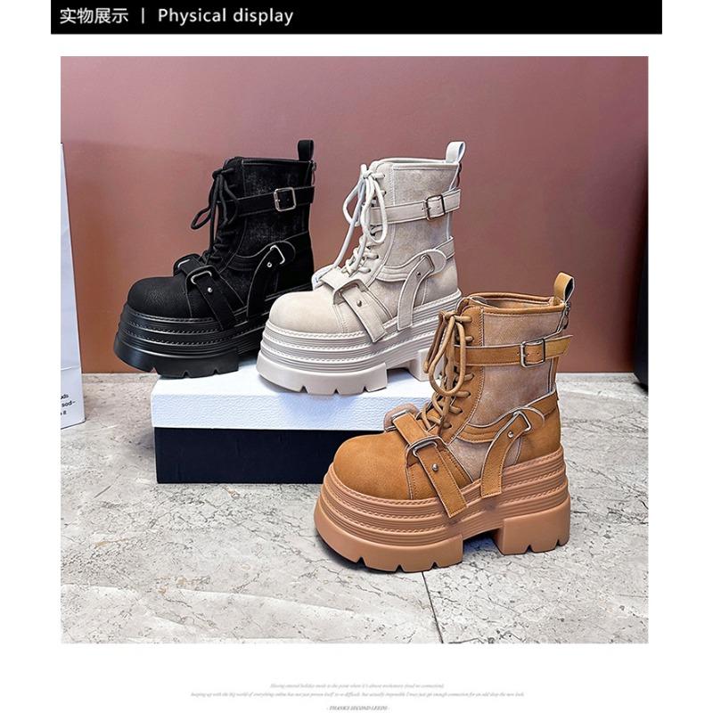 Дизайнерские женские короткие ботинки Новые осенне-зимние замшевые кожаные ботинки на толстой подошве Гладиаторские ботинки на высокой платформе с пряжкой Готические ботинки Mujer Zapatos