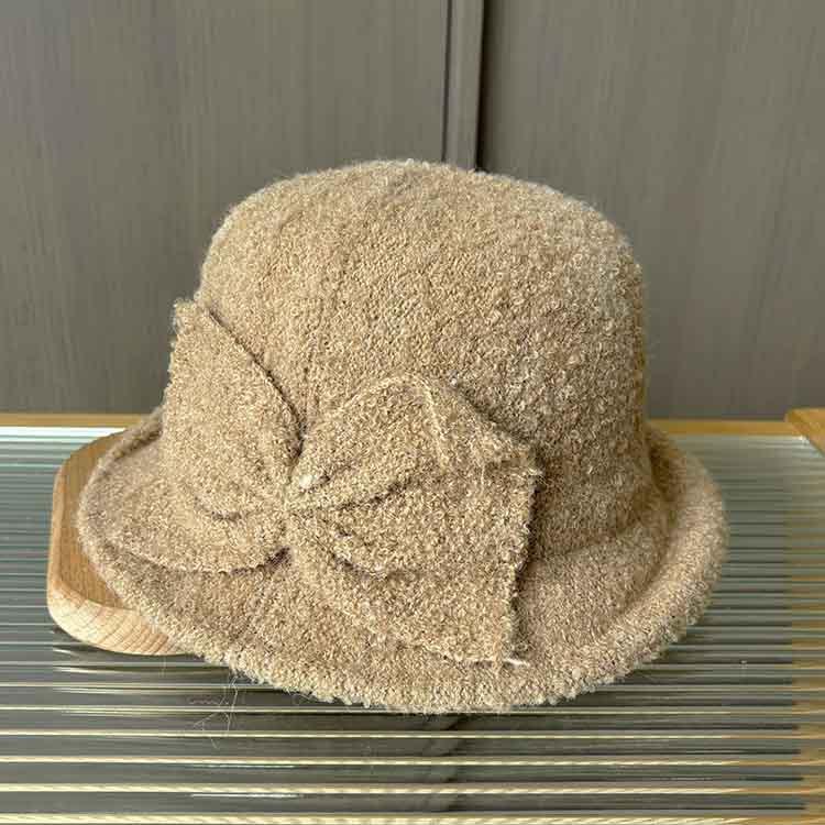 Autumn and winter elegant bow plush basin hat fashionable warm bucket hat versatile face small curling edge bucket hat