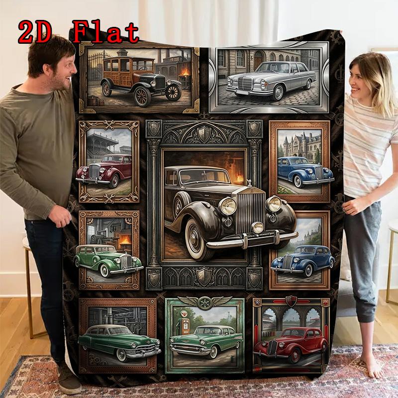 Classic Car Art Rug 2D Flat Pattern Flannel Blanket, High quality All Seasons, Home Decor, Warmth and Comfort, Perfect for Christmas Gifts.