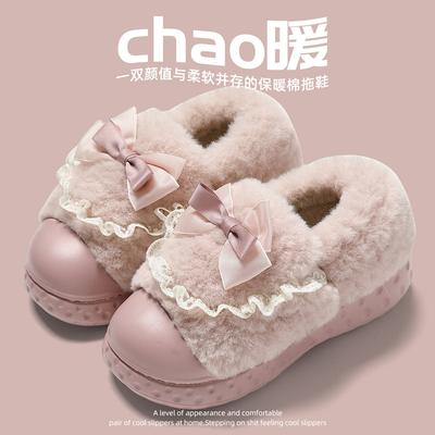 Хлопковые тапочки с бантом, женские, сезонные, с сумкой, на каблуке, милые плюшевые, утолщенные, плюшевые, теплые, женские хлопковые туфли