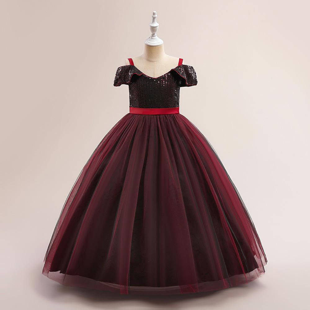 Fluffy Sequins Princess Girls Dress Bridemaids Bow Tulle Wedding Kids Party Dresses for Girl Off Shoulder Pageant Birthday Gown