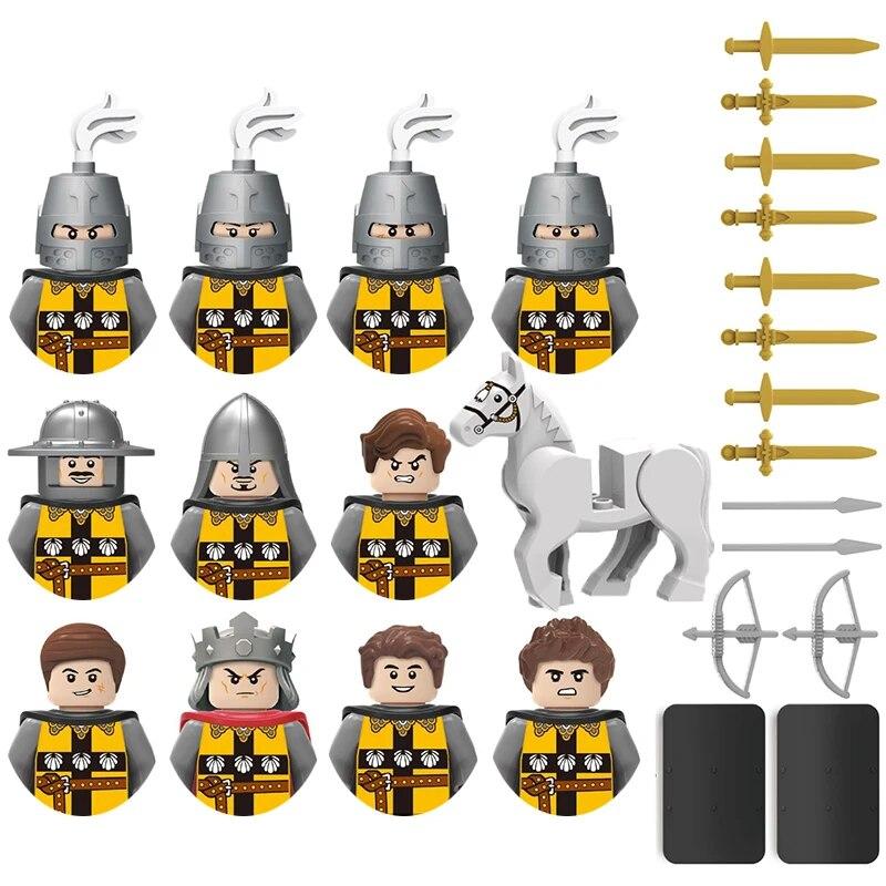 Детские игрушки, средневековый военный солдат, строительный блок, замок, рыцарский корпус, оружие на поле боя, боевой конь, мультяшные фигурки, кирпичи