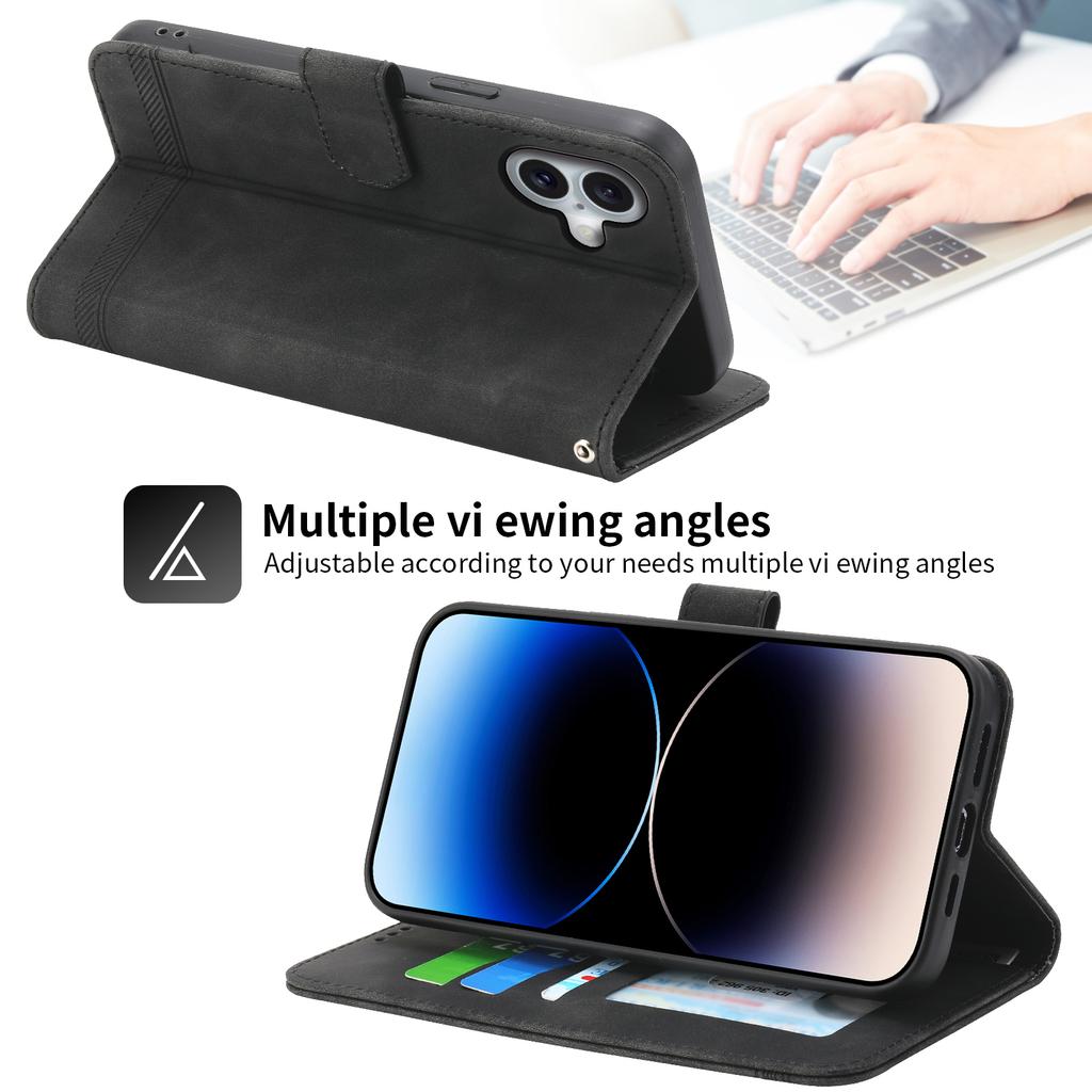 DIERFENG DF-03 For iPhone 17 Case Lines Imprint Wallet Leather Phone Cover with Wrist Strap