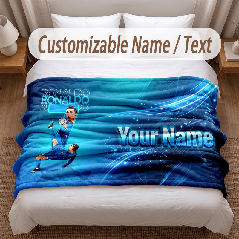 Cristiano Ronaldo Printed Flannel Blanket Custom Name Text Soft Warm Throw For Bedroom Holiday Gift