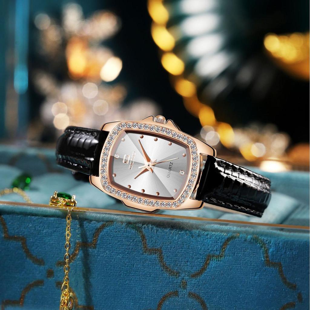 Женские часы SENO Retro Square Diamond с кожаным ремешком - Простой дизайн с кварцевым механизмом и бриллиантами.
