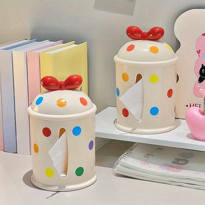 1 Коробка для салфеток в горошек с бантом, Подходит для столовой, спальни, гостиной, Милая и стильная
