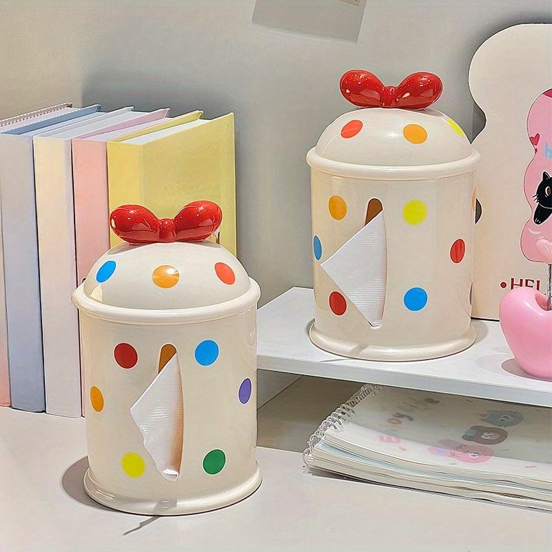 1 Коробка для салфеток в горошек с бантом, Подходит для столовой, спальни, гостиной, Милая и стильная
