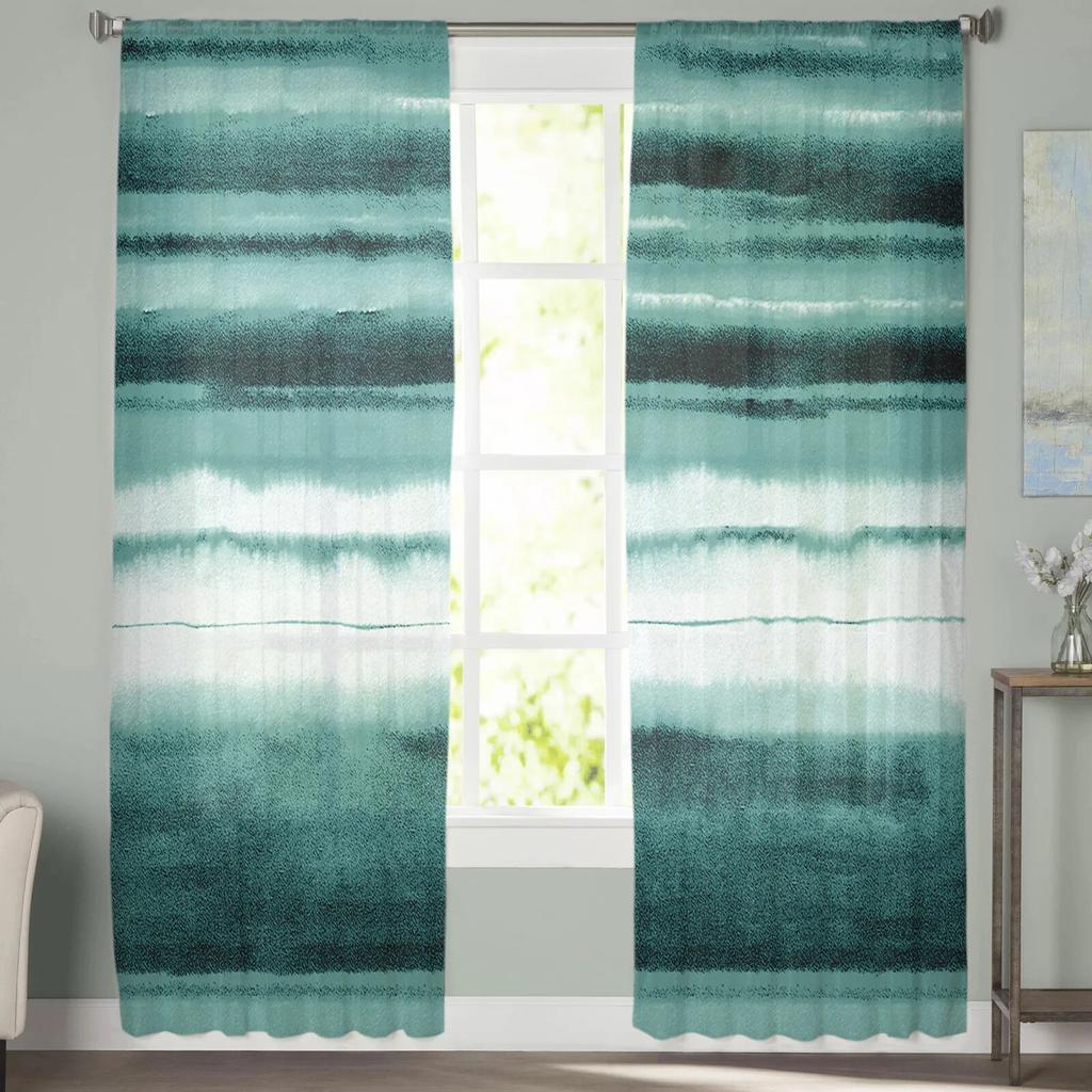 Watercolor Stripes Abstract Gradient Green Bedroom Transparent Sheer Curtains Holiday Decoration Window Voile Tulle Curtain