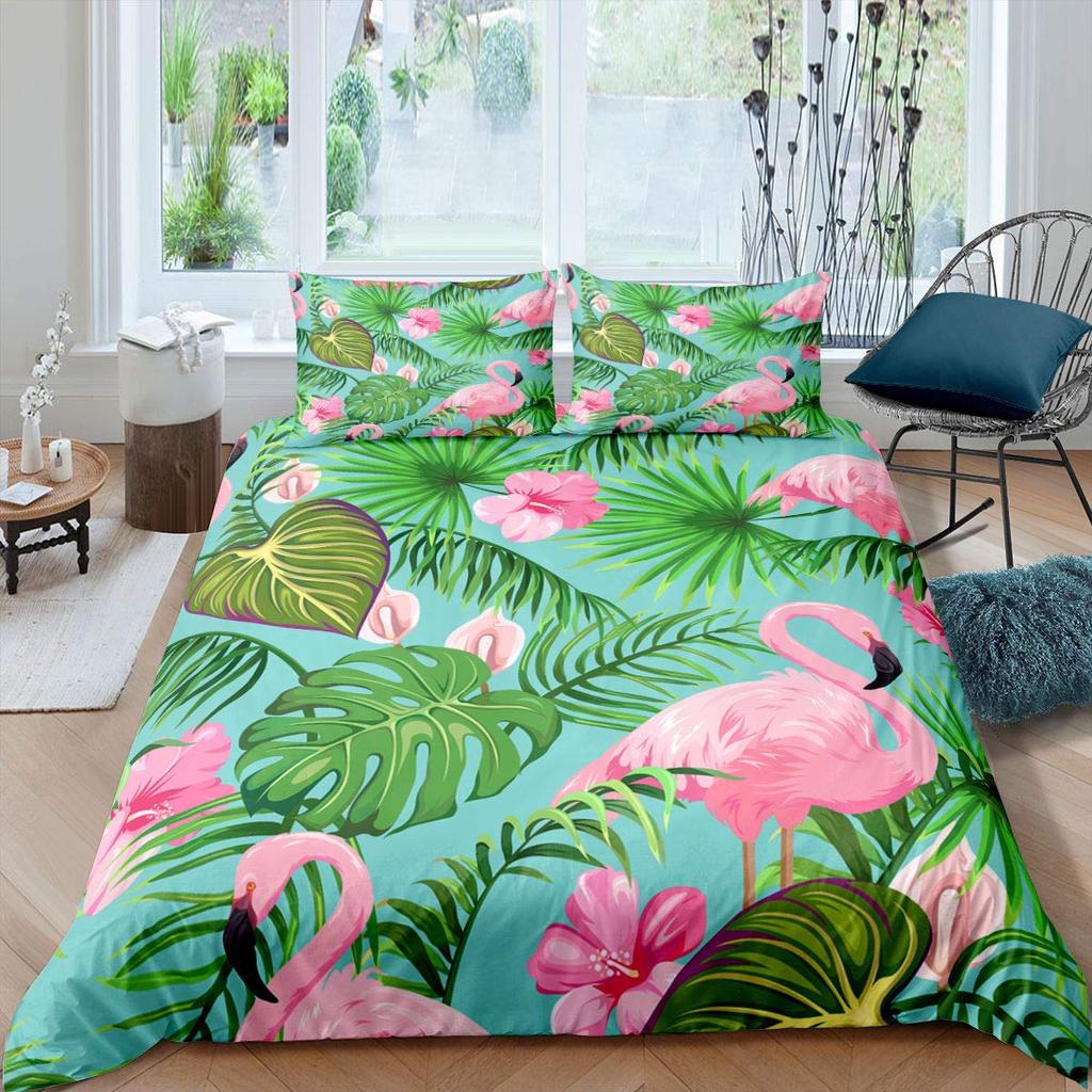 Комплект пододеяльника «Фламинго» Тропические листья Покрывало с рисунком пальм Постельный комплект Красочный полиэстеровый пододеяльник для детей