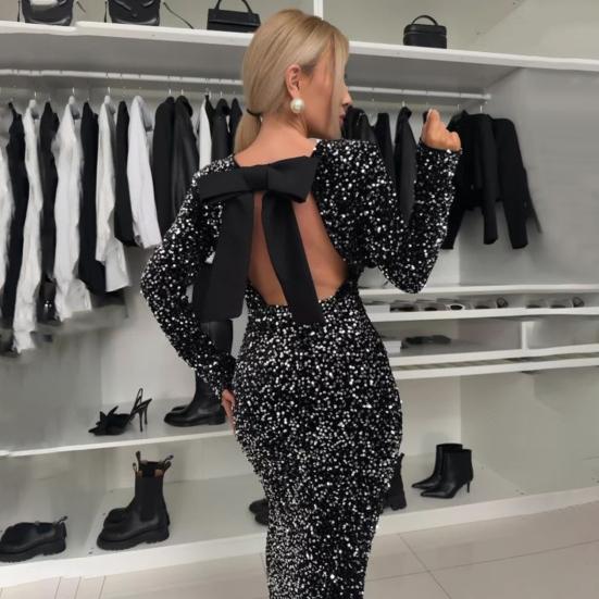 Женское вечернее платье с открытой спиной, большим бантом, декором из пайеток, круглым вырезом, средней талией, облегающим макси-платьем с длинным рукавом, выпускным клубным платьем