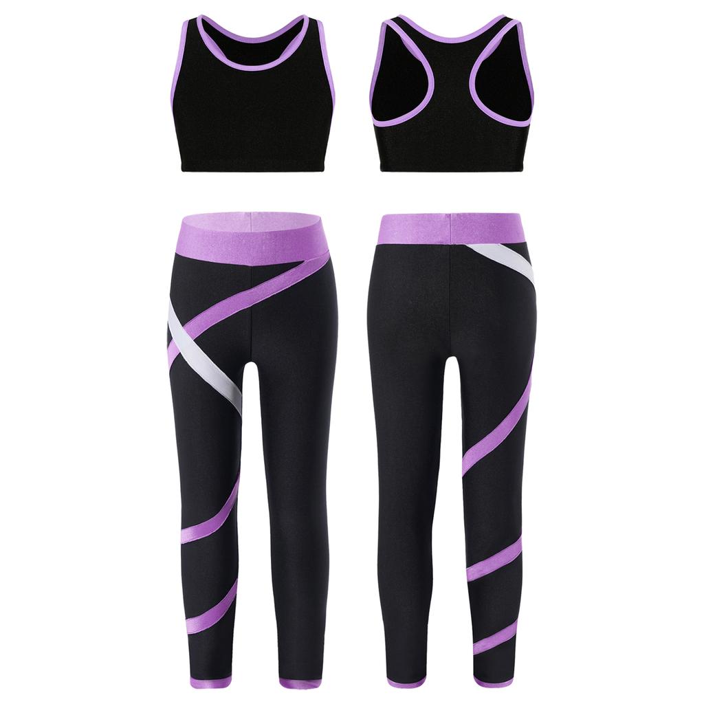 Детский укороченный топ без рукавов для девочек с леггинсами с цветными блоками, спортивная одежда для джазовых танцев, катания на коньках и тренировок