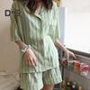 Женский пижамный комплект из 2 шт./компл., контрастный цветной полосатый принт с лацканами, с коротким рукавом, эластичная талия, свободная широкая домашняя одежда, одежда для сна, блузка, шорты, комплект