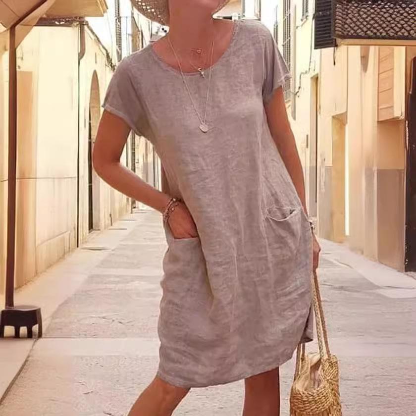 GMXIA Women's Summer Loose Solid Colour Pocket Short Sleeve O-Neck Washed Cotton Linen Dress