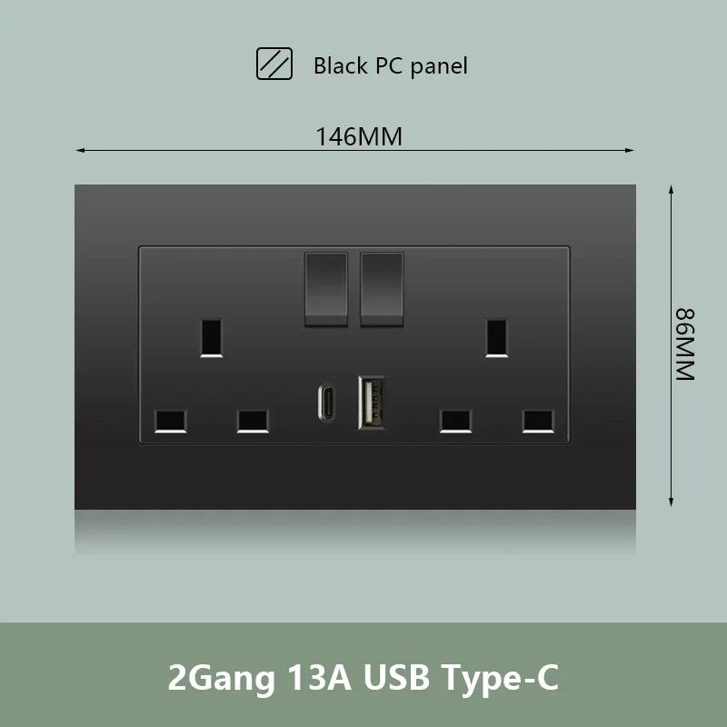 Черная настенная розетка UK 13A с USB Type C 18 Вт для быстрой зарядки, универсальная настенная розетка 220 В, электрический выключатель света