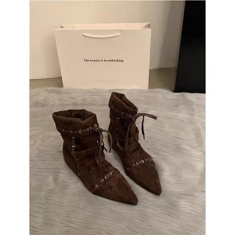 Складные остроносые короткие сапоги женские на плоской подошве с ремешками 2025 лето и осень новые ретро нишевые Майяр западные ковбойские сапоги