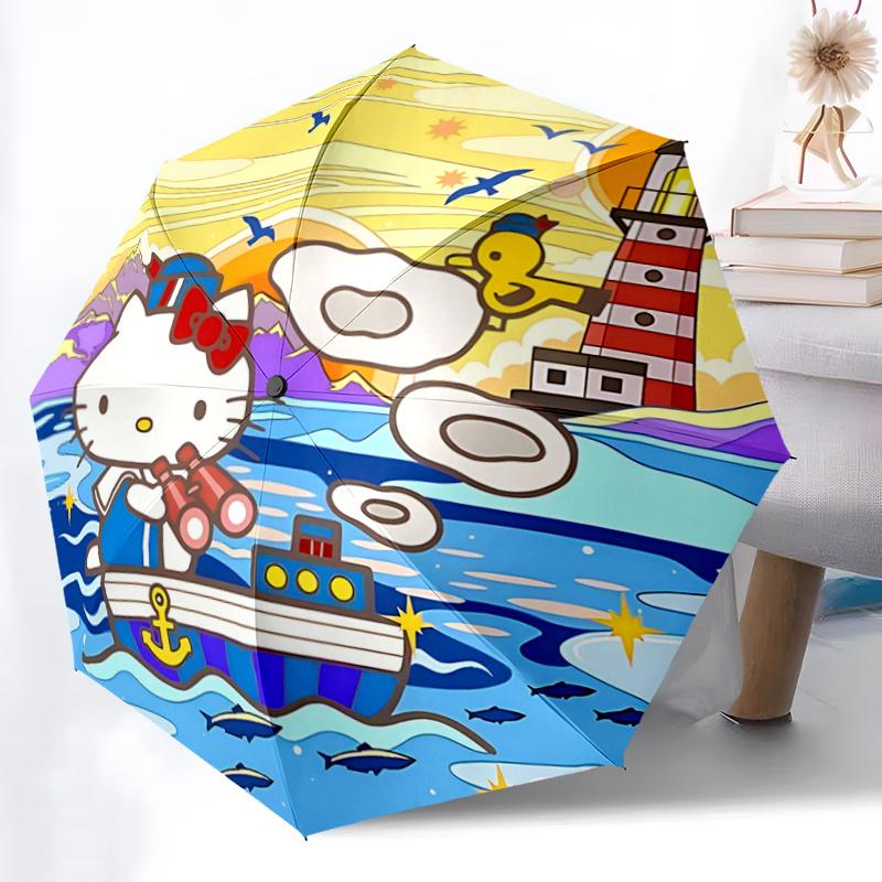 1pc Hello Kitty Nautical Adventure Automatic Opening Umbrella - Portable Tri-Fold Design with 8-Bone Iron Frame, Perfect for Outdoor Use, Festive Gift
