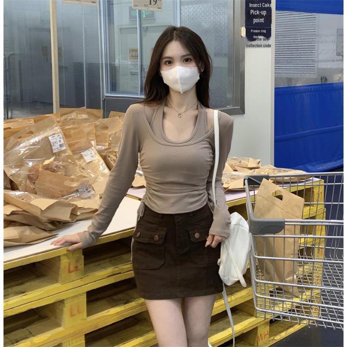 Футболка с длинным рукавом и вырезом-халтер в корейском стиле для женщин — шикарная, стильная и подчеркивающая фигуру