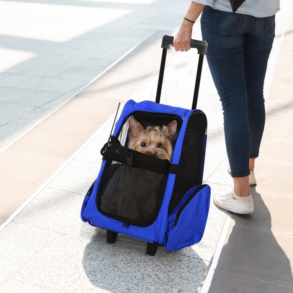 2-in-1 Pet Carrier Backpack for Dogs and Cats with Side Pockets, Telescopic Handle and Wheels, 42x25x55cm, Blue