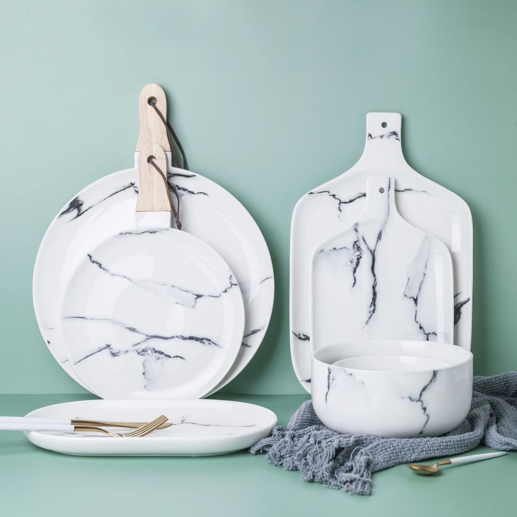 Скандинавский набор керамических мисок под мрамор – Фарфоровая посуда для завтрака, риса, лапши, супа