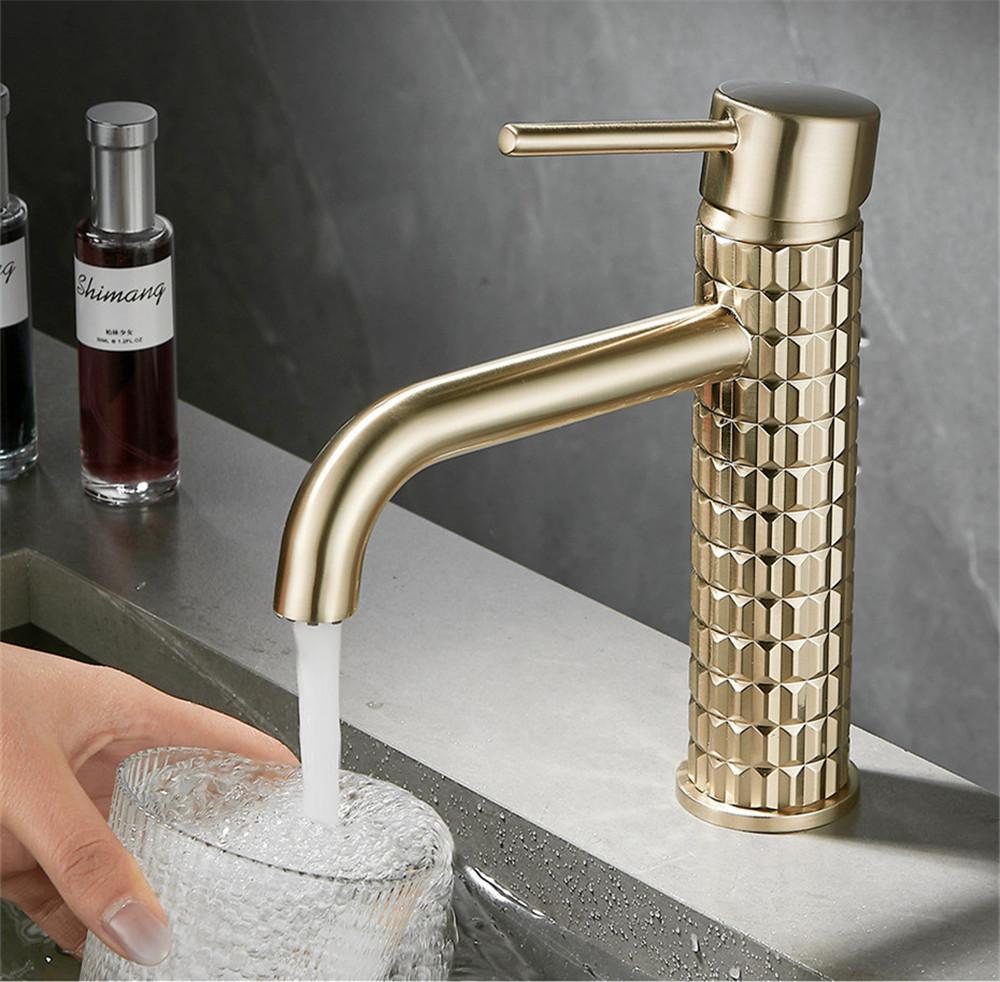 Tuqiu Brush Gold Bathroom Basin Faucets Art Carved Sink Mixer Tap Hot & Cold Deck Mounted Grey Lavatory Crane Water Tap